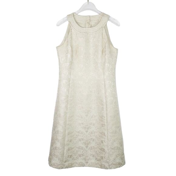 Ann Taylor Ivory Metallic Floral Jacquard Print Sleeveless A-Line Halter Dress 2 - Picture 4 of 7